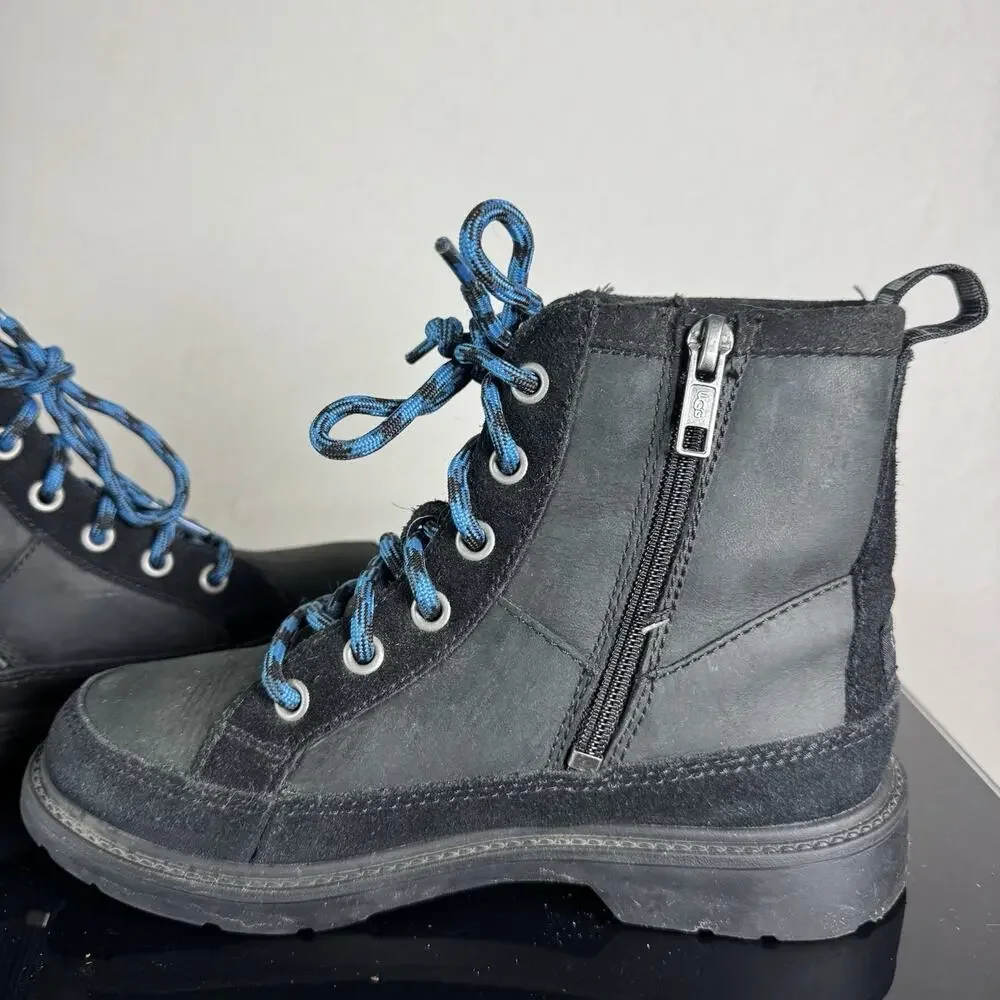 Ugg Robley Kids Waterproof Leather Boots Shoes 2 Black Blue Laces Zip Suede EUC